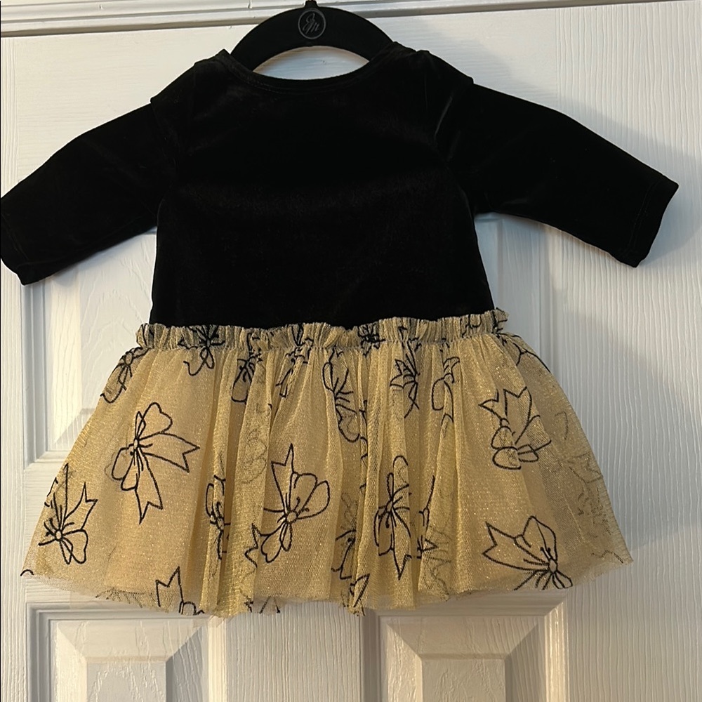 Peppa & Julie Black and Gold Baby Dress with Bow Design 12 Months
